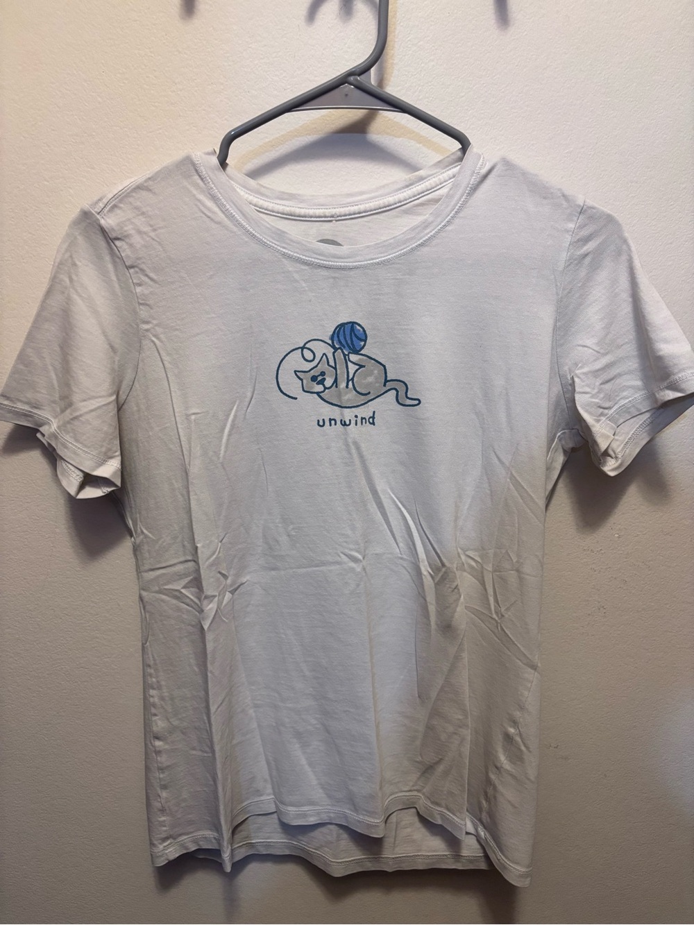 Life Is Good White Short Sleeve Tee with Blue Cat & Yarn Graphic